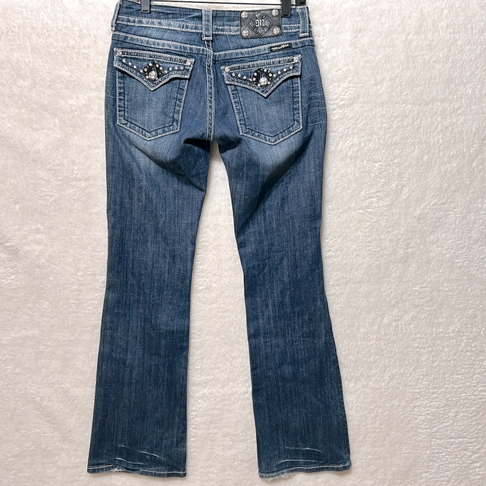 Miss Me low rise, distressed bling pocket boot cut jeans, size 28